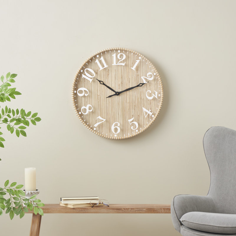 Cole And Grey Wood Distressed Wall Clock With Beaded Frame, Brown/White