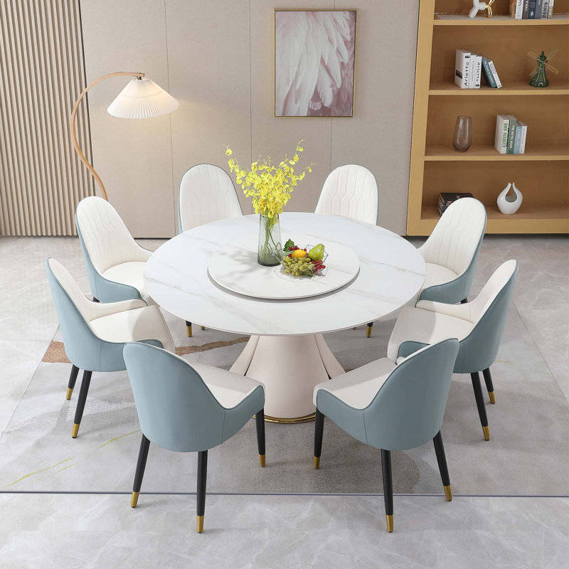 Table de salle à manger moderne 59,05 "en pierre artificielle avec plateau rond 31,5", 9 pièces : table, 8 chaises