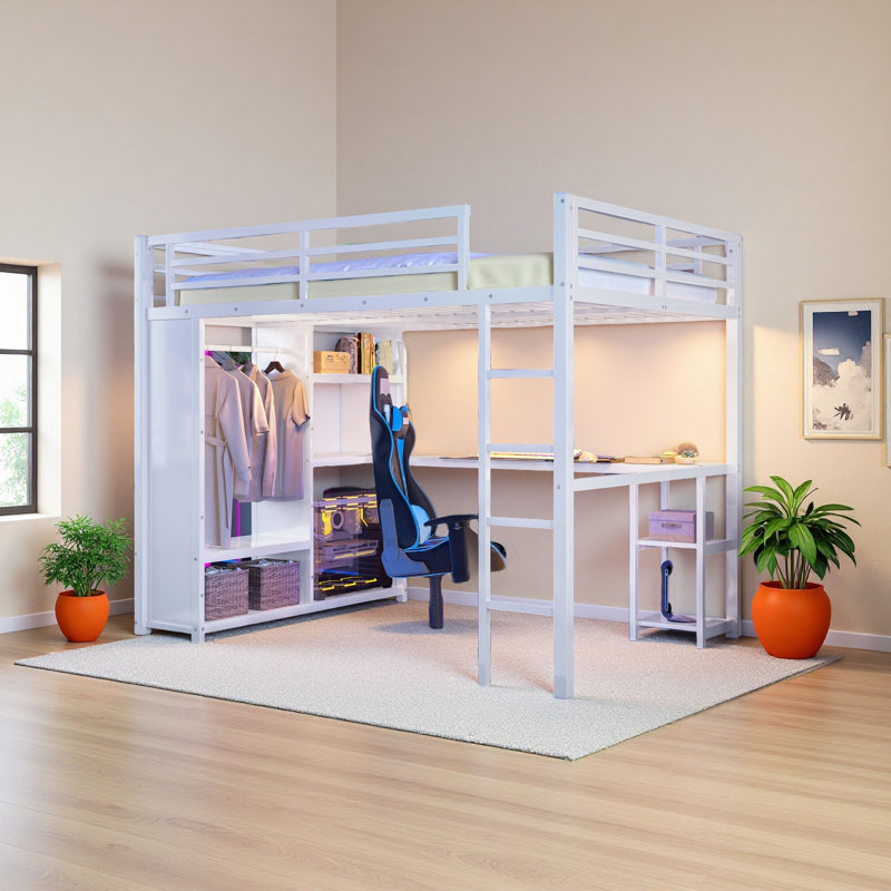 Lit mezzanine grand format avec garde-robe intégré, lit mezzanine en métal avec bureau et tablettes de rangement, blanc