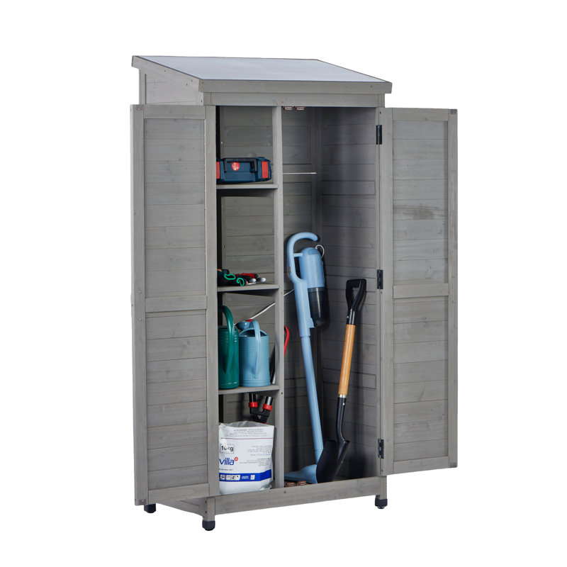 Large Outdoor Vertical Storage Cabinet With Metal Top And 3 Removable Shelves. Ideal For Storing Various Tools In Garden, Patio & Lawn. 33"L X 18.5"W 68"H Gray Coated Wood Look. Fast Setup Spacious