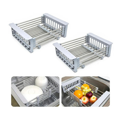 Haven Stainless Steel Sink Shelf Rinse Basket Set of 2 Retractable Kitchen Storage Grey