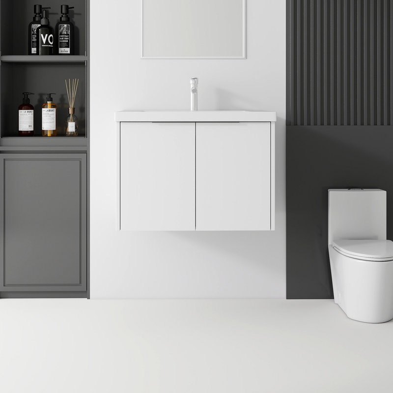 Meuble-lavabo flottant avec lavabo, porte à fermeture en douceur, lavabo en céramique, contreplaqué, White, 30"
