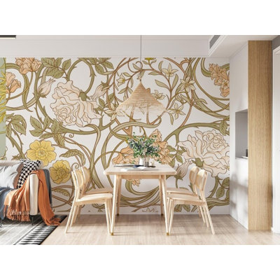 Papier peint floral beige Art Nouveau