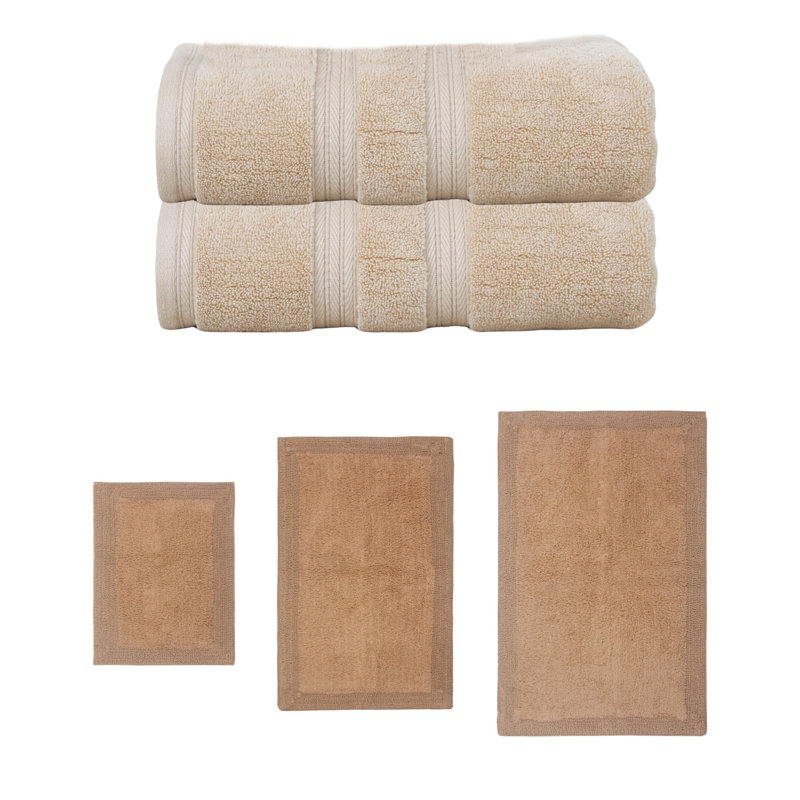 Buariki Collection 100% Soft Cotton 2 Pc Bath Towel Set & 3 Pc Bath Rug Set, (Set of 5) Reversible, Linen