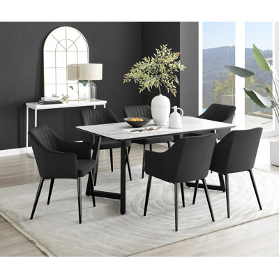 White Marble Effect Melamine Dining Table Black Legs & 6 Luxury Velvet Chairs Industrial Design