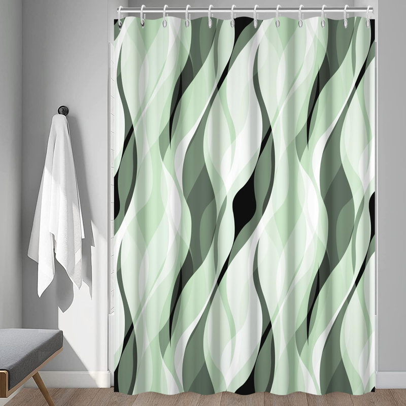 Pack of 1 Modern Abstract Striped Shower Curtain Set with Hooks, 243.84cm H x 182.88cm W, Green