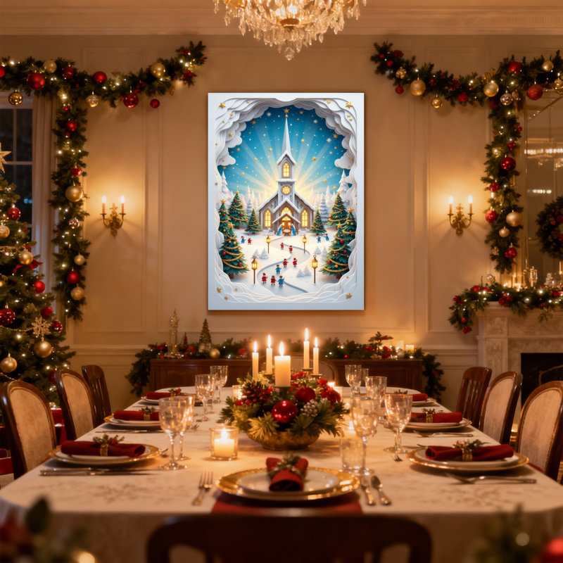 Ensemble de 3 impressions sur toile de Noël, scène d'églises d'hiver avec neige et étoiles, H 36 po x l 24 po