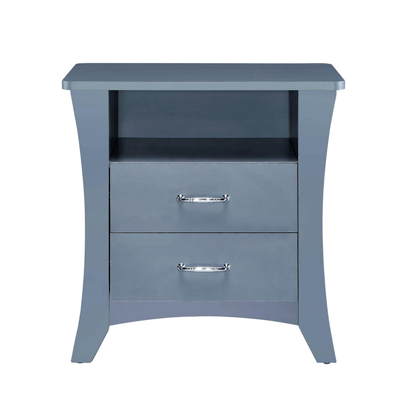 Élégante table de chevet grise avec 2 tiroirs et un compartiment ouvert, un tiroir de rangement en bois