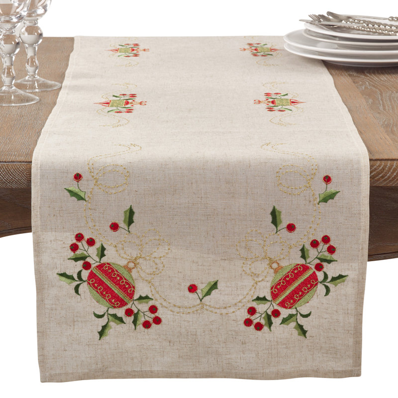 Lorelai Rectangular Ornament Holiday Linen Blend Table Runner, 16" L x 90" W