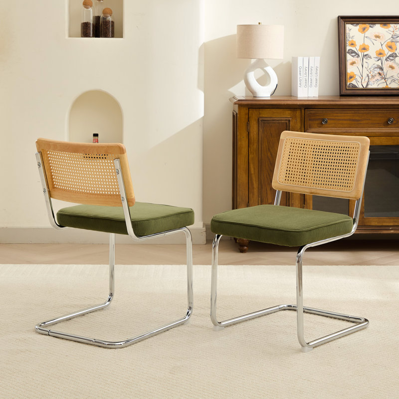 Chaise d'appoint avec dossier en rotin de canne, Tissu velours côtelé vert matcha, 2