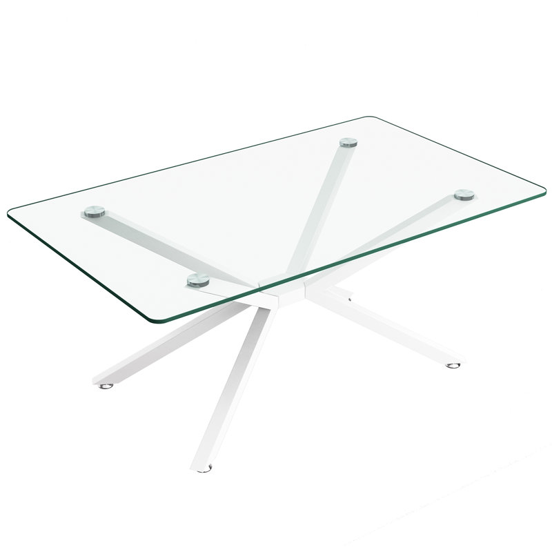 Glass Coffee Table for Living Room, Modern Rectangle Coffee Table with Tempered Glass Top, Transparent/White