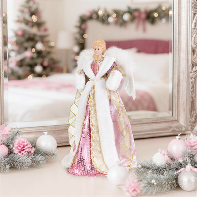 18"H Faux Fur & PVC Christmas Deluxe Pink Angel Tree Topper with Porcelain Face