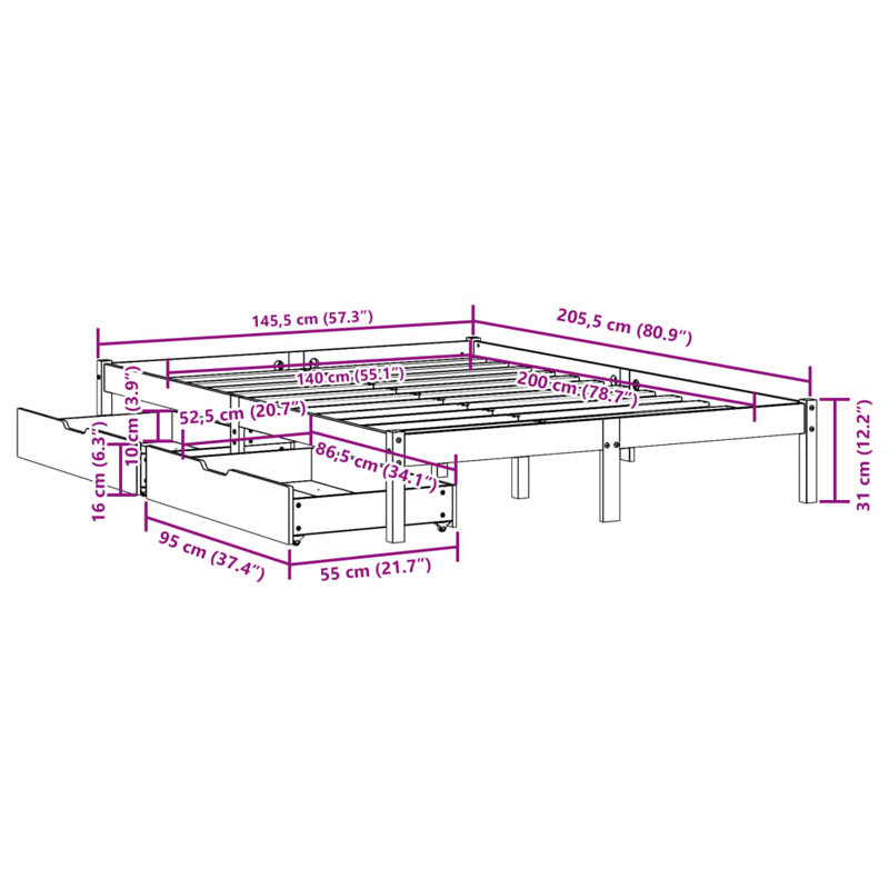 Solid Wood Storage Bed, European Double (140 x 200 cm), Wax Brown