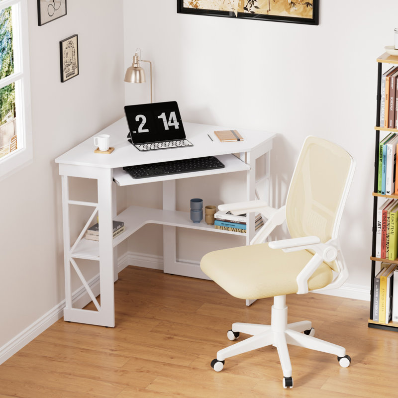 2-Piece Corner Computer Desk And Ergonomic Mesh Office Chair Set, L-Shaped Home Office Workstation With Storage Shelves And Adjustable Swivel Task Chair With Wheels, Space-Saving Study Writing Desk For Bedroom, Gaming, Small Office