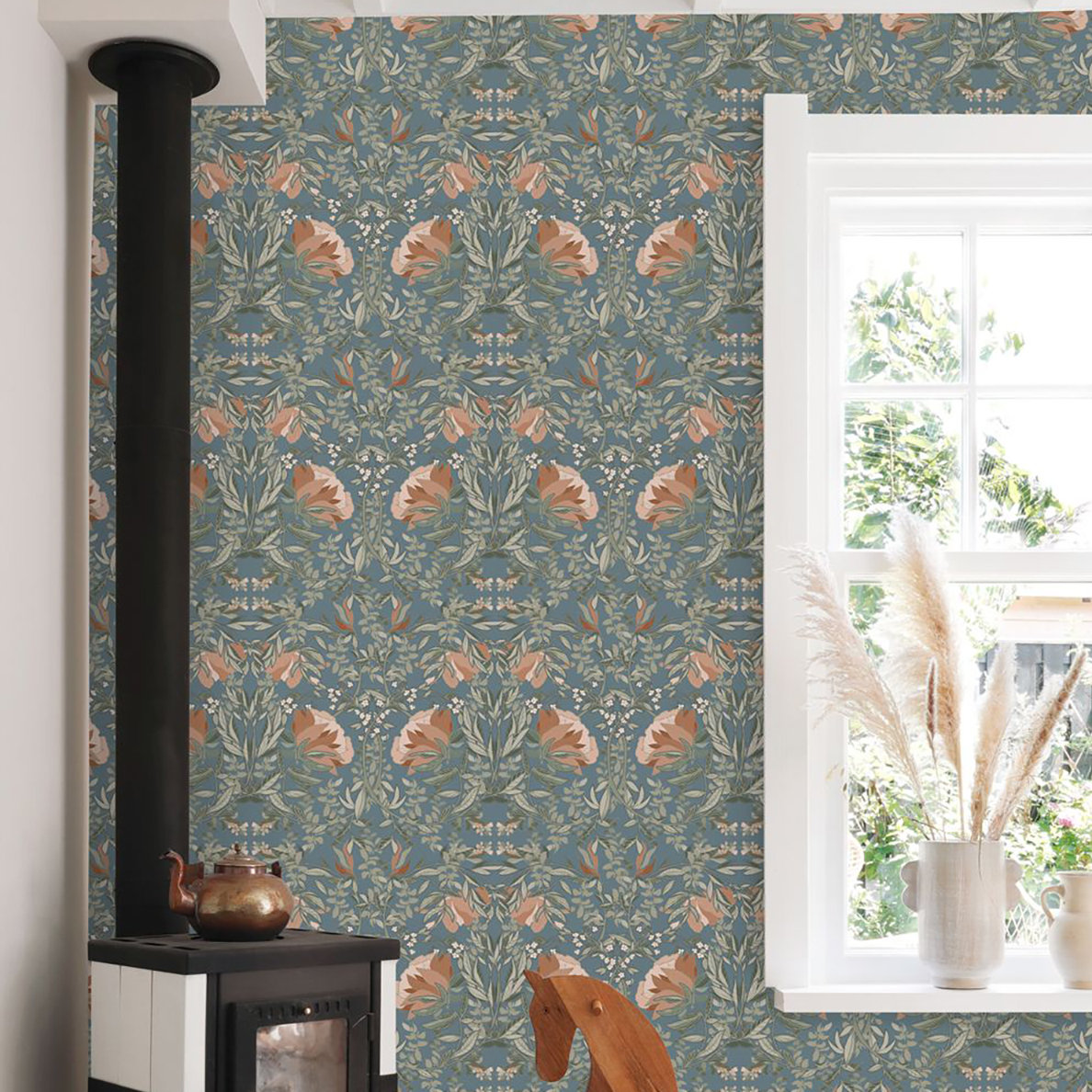 Floral Wallpaper Double Roll, Blue