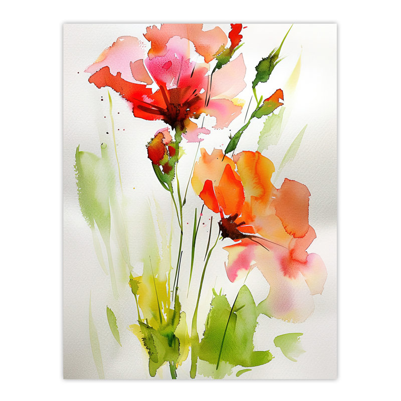 Abstract Flowers Red Watercolour Painting Wall Art Print