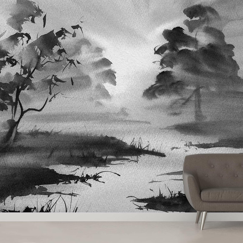 Murale à peindre aquarelle noir et blanc forêt de rivière, L 100 po x l 144 po