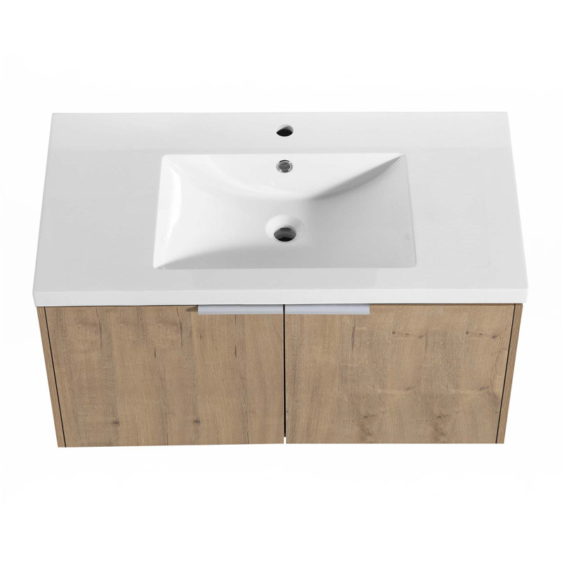 Meuble-lavabo à fixation flottante avec lavabo, Chêne, 36"
