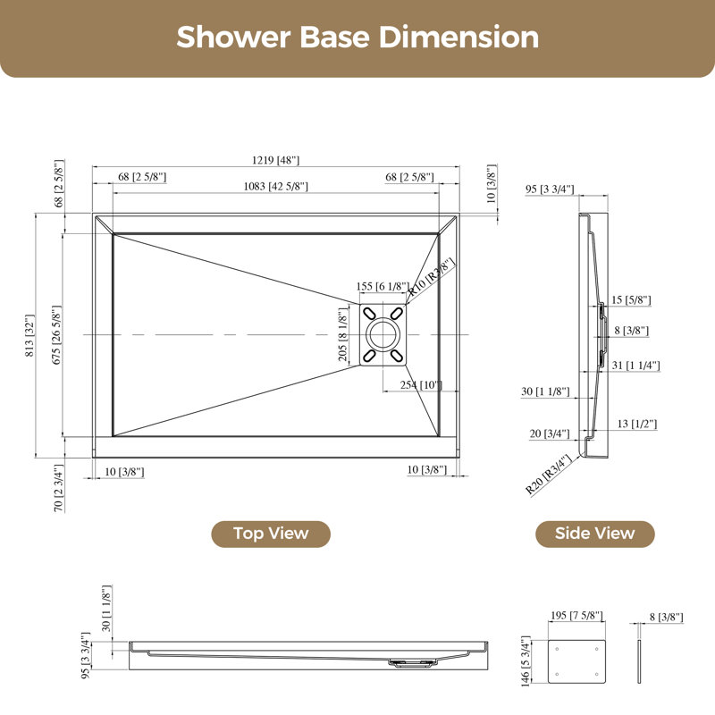 Base de douche 48 po x 32 po rectangulaire en acrylique avec drain à droite, conception à seuil simple, blanc (drain non inclus)