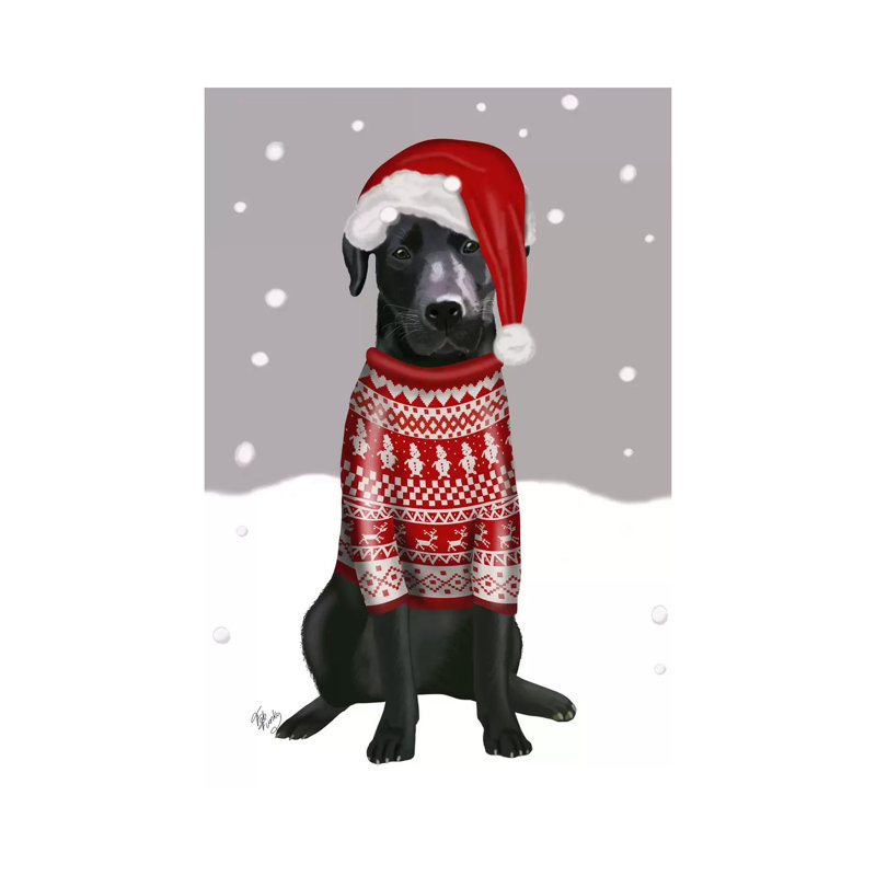 Labrador noir, chandail de Noël I par Fab Funky - impression sur toile tendue, H 18 po x l 12 po x 1,5 po
