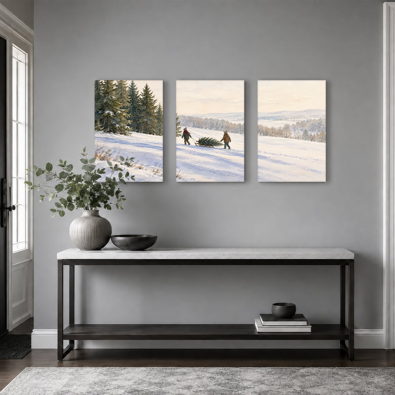 «Children Pulling Sled With Tree On Snowy Christmas», ensemble de 3 toiles murales, L 72 po x H 36 po au total - 3 panneaux
