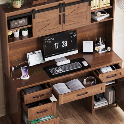 Executive Desk with Hutch and Charging Station, Computer Desk with 2 Sliding Barn Doors, 5 Drawers & Storage Cabinet with 3-Position Adjustable Shelf