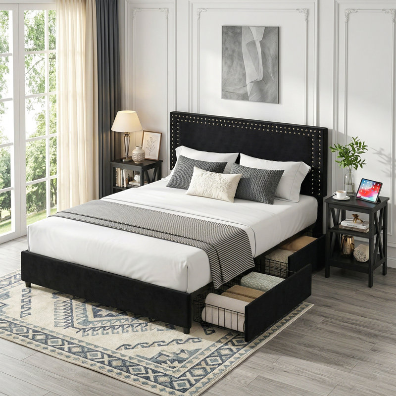Storage Bed With 4 Drawers And 3-Tier Nightstand Bedroom Set Platform Velvet Bed With Under-Bed Storage, Modern Upholstered Bed Set