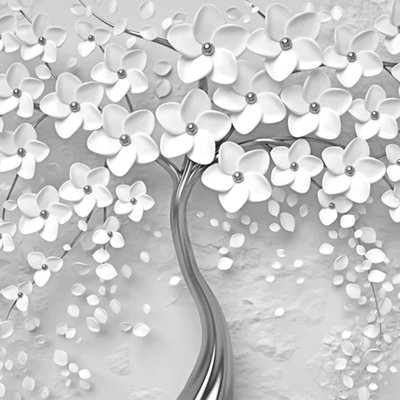 Modern Silver Blossom Tree Wallpaper Mural – Elegant 3D White Floral Design For Living Room, Bedroom & Dining Room Decor