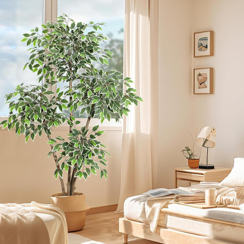 Ficus artificiel 5/6 pi avec pot de fleurs blanc - plante de plancher artificielle avec 3 troncs et feuilles blanches