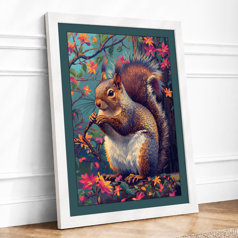 Squirrel Among Flowers Boho - Framed Print, A4 - 29.7 x 21.0 cm, White