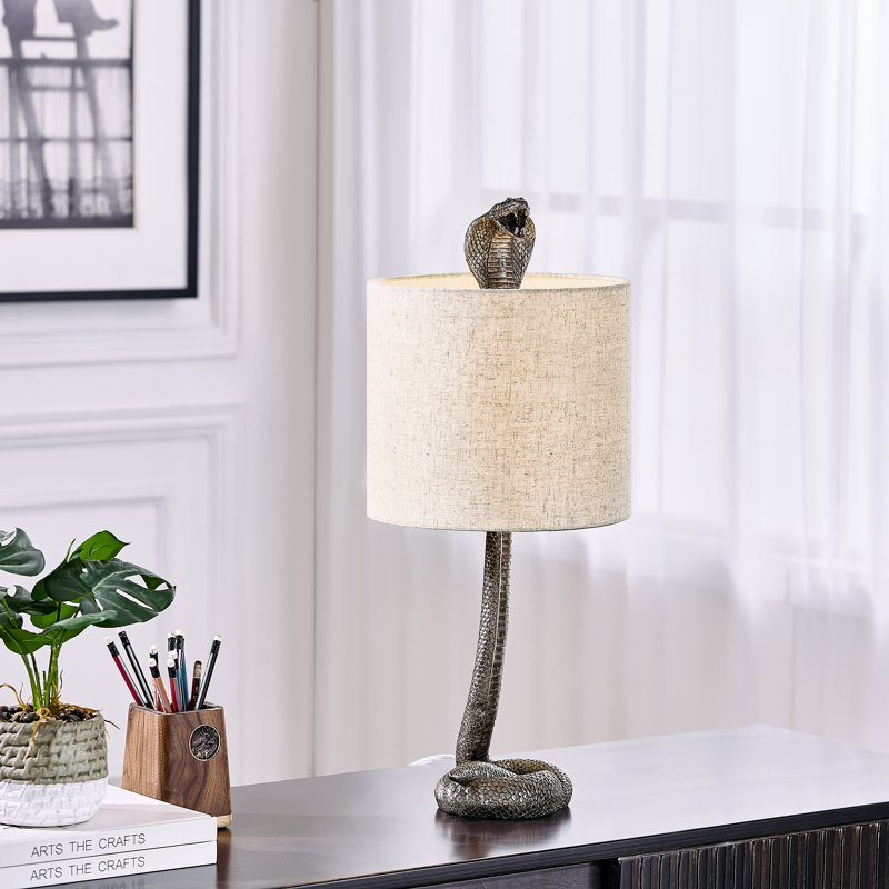 Lampe de table 23 po en résine de bronze avec abat-jour en lin Cobra, Tanné, Brun