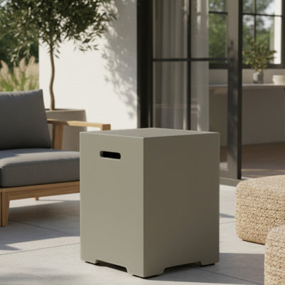Couvercle de réservoir de propane de 16 pouces pour réservoirs de 20 lb, foyers d'extérieur au gaz, support en béton gris, composite résistant à la chaleur, poignées latérales faciles à repositionner, table utilitaire de 2 à 1 pouce, temps dissimulé