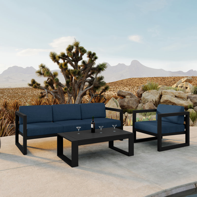 Avion 3 Piece Sofa Seating Group with Sunbrella Cushions, Spectrum Indigo Sunbrella®, Black