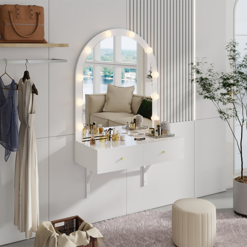 Meuble-lavabo flottant avec miroir et lumières tricolores, coiffeuse murale avec prise de courant, meuble-lavabo compact, grand rangement
