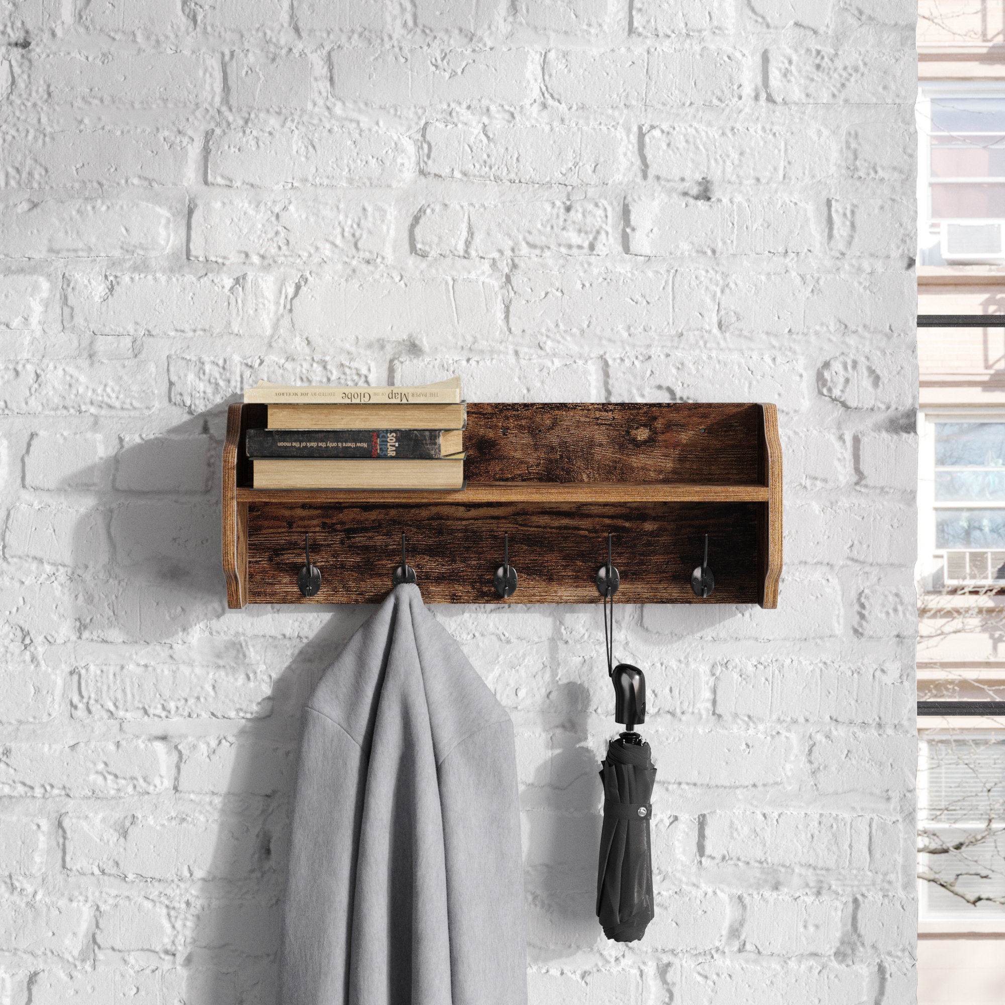 Steelside™ Galal 5 - Hook Wall Mounted Coat Rack with Storage in ...