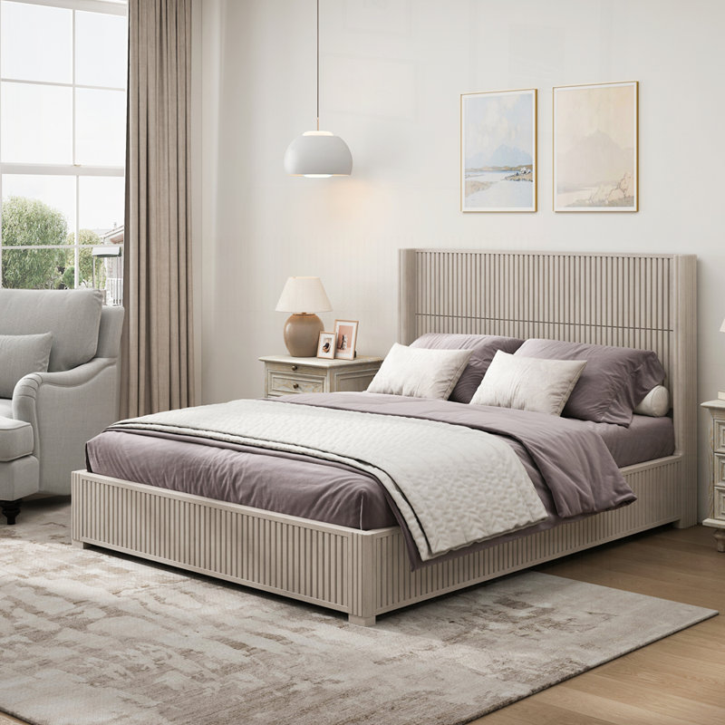 Lit sur pied en bois massif sans sommier, Beige, Grand lit