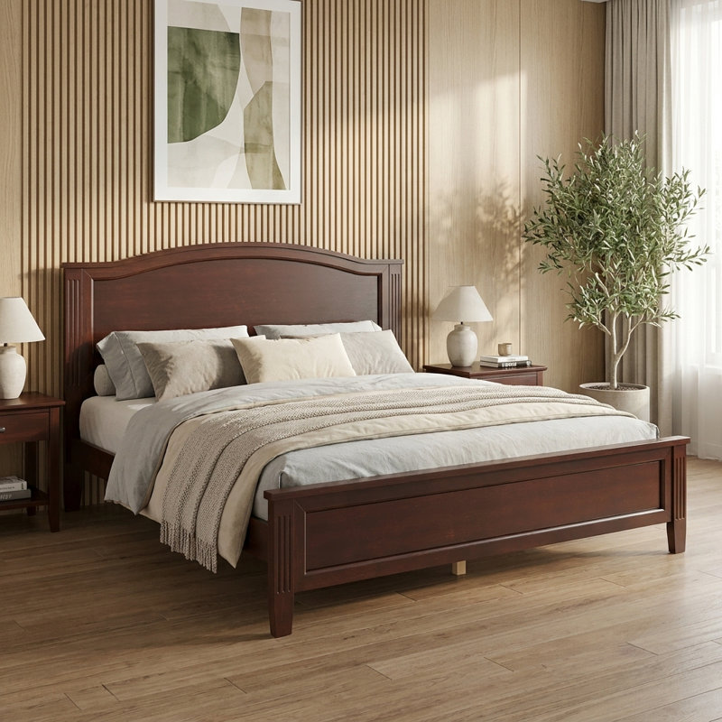 Base de lit plateforme en bois massif espresso pleine grandeur avec tête de lit courbée, capacité robuste de 600 lb, aucun sommier requis, assemblage facile, base de lit classique pour la chambre à coucher