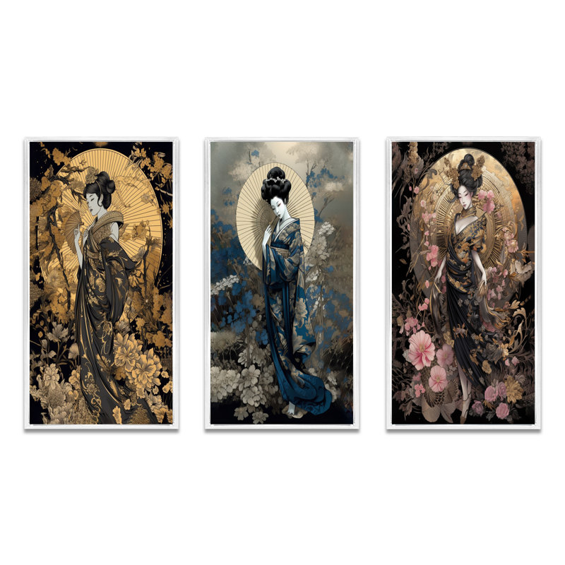 «Elegant Japanese Woman», 3 pièces sur toile, Cadre flottant blanc, H 28 po x l 36 po