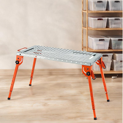 Folding welding workbench in rich orange, 44x21-inch steel top with adjustable height