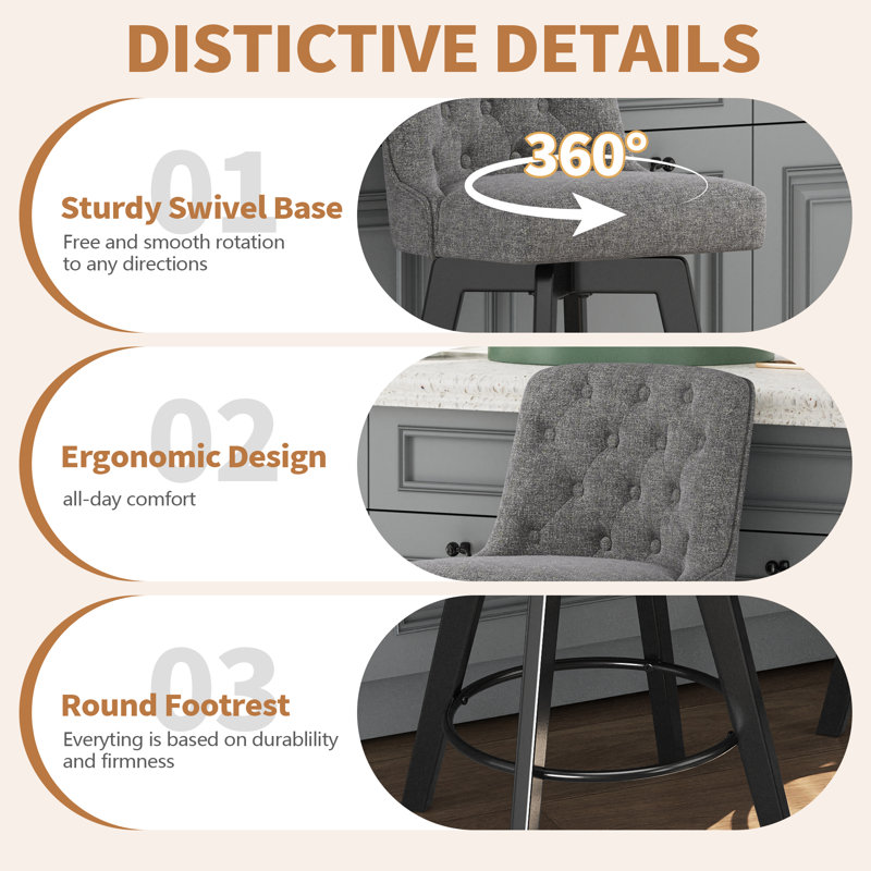 Swivel Upholstered 26'' Counter Stool Wood Leg, Gray, Counter Stool (26" Seat Height), 1