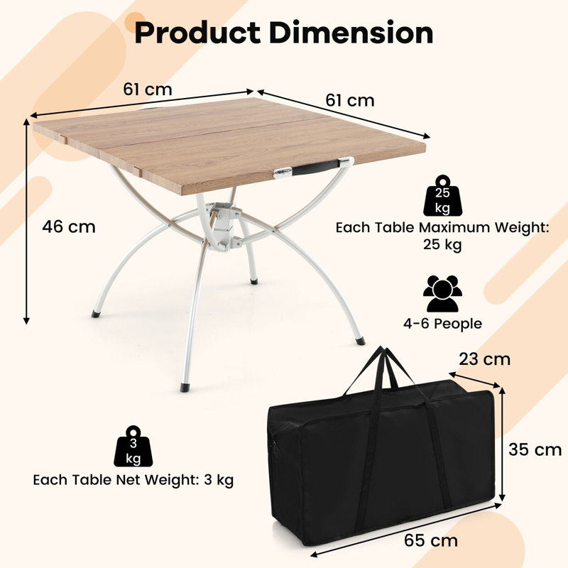 Square Metal Folding Outdoor Camping Table , 61cm cm W 61cm cm D