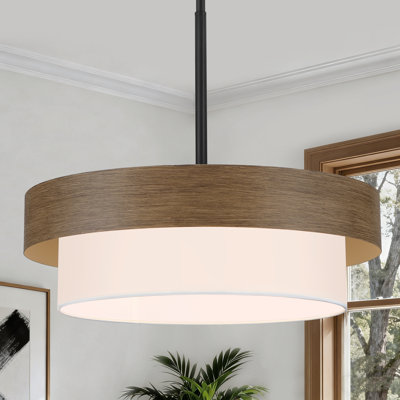 5 - Light Farmhouse Drum Chandelier With Wood Texture & White Fabric Shade