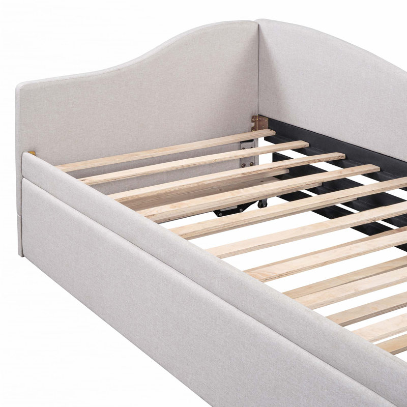 Twin Size Upholstered L-Shaped Upholstered Daybed with Pop Up Trundle, Beige