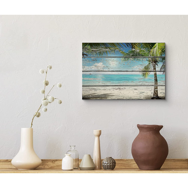 IDÉE 4 WALL - Reproduction d'art sur toile - Plage tropicale avec palmier sur fond en bois rétro - 12 po x 18 po