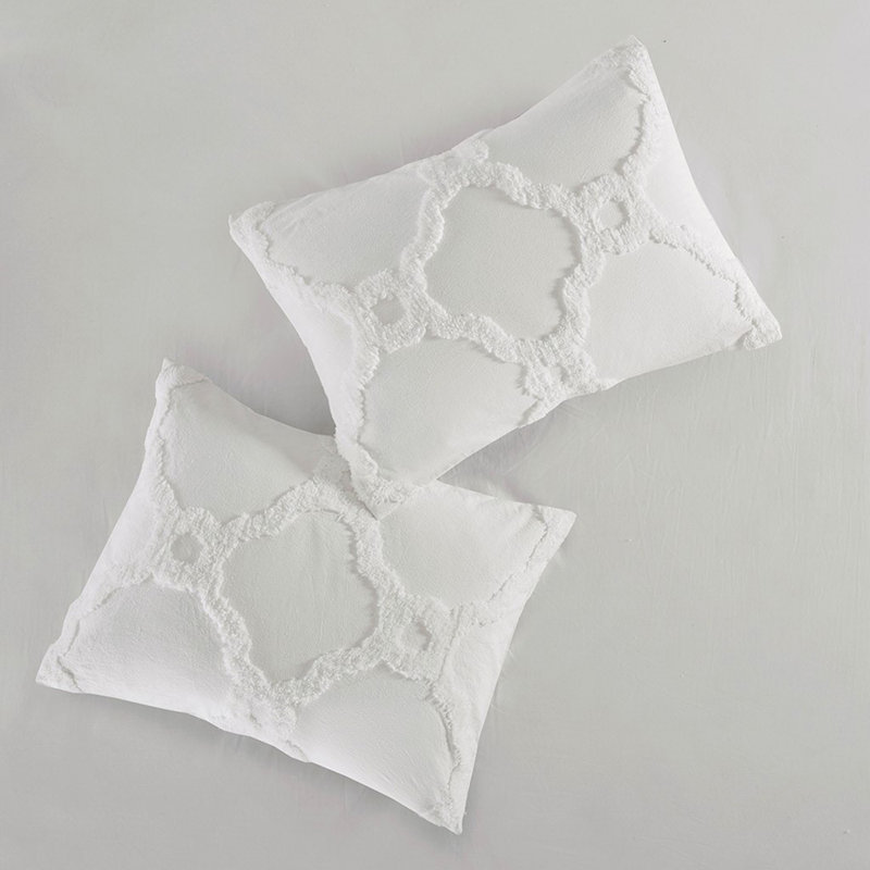 3 Piece Tufted Cotton Chenille Geometric Comforter Set Off-White, Full/Double Comforter