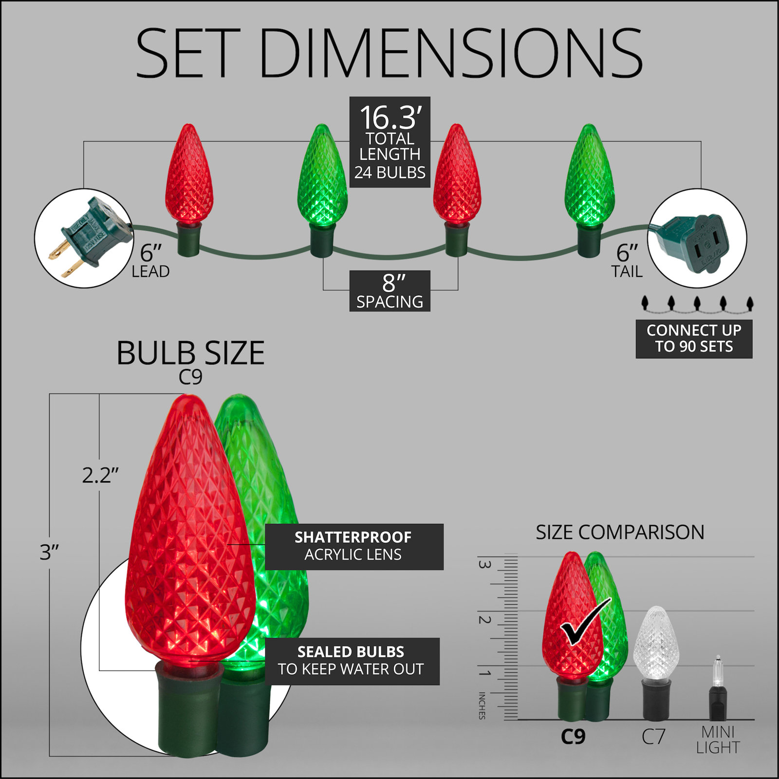 C9 LED Christmas String Lights, Red/Green, 16.3' L, 24