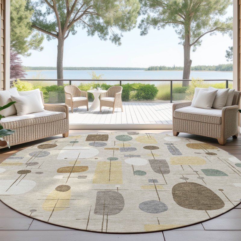 Machine Washable Indoor/Outdoor Jourdan ACN2393 Mid-Century Modern Rug, Round 8'