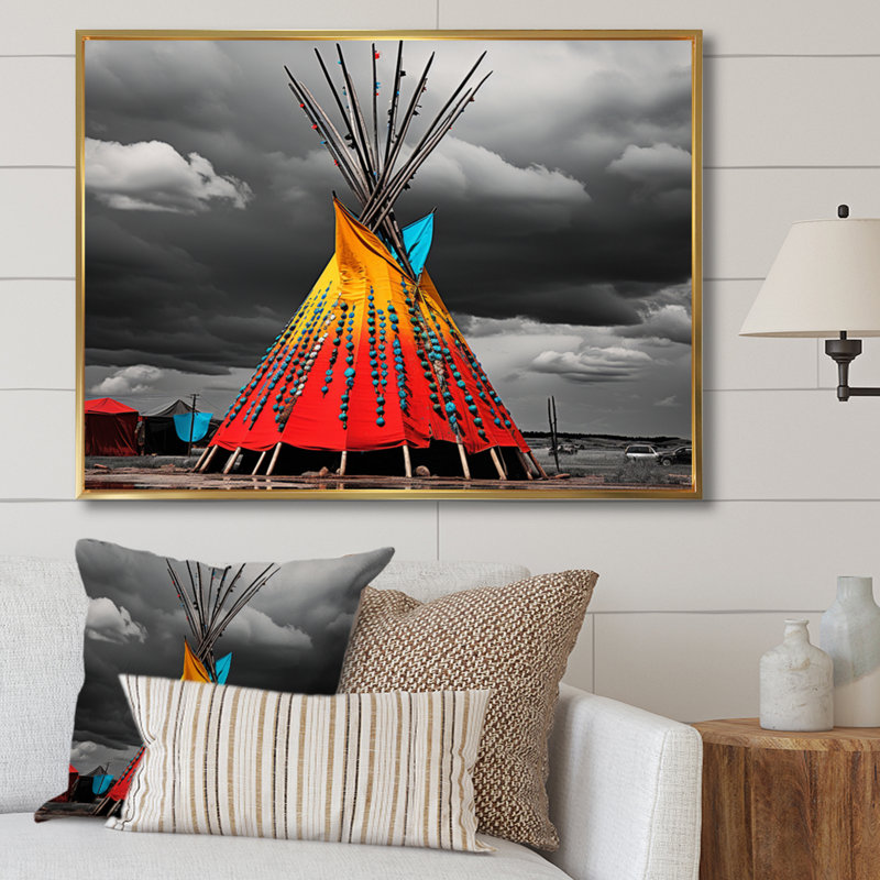 Colourful Grey Native Tipi Soulful Connections - Native American Canvas Wall Art, H 16 po x l 32 po x P 1 po