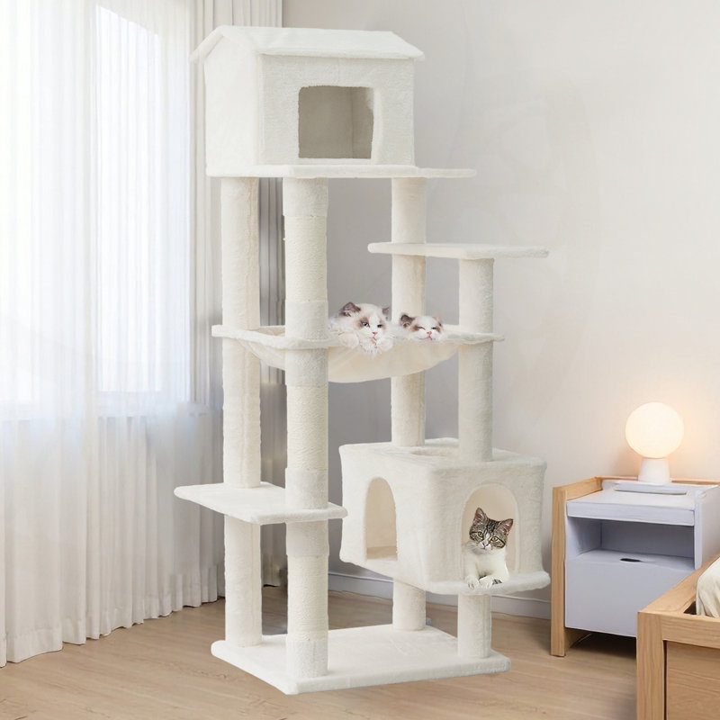 Arbre à chat multi-niveaux en peluche avec hamac, cachette et griffoirs pour chats d'intérieur, Beige