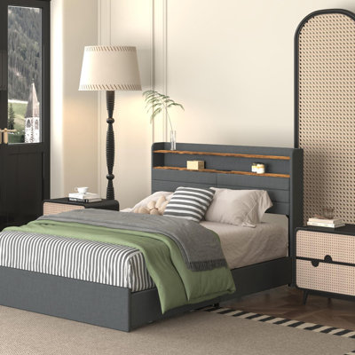 Full Upholstered Platform Bed with LED Lighting + Charging Station Headboard and Under-Bed Drawers